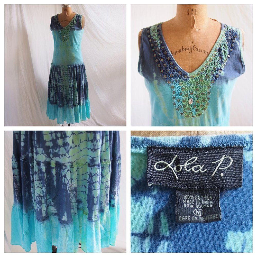 LOLA P Blue Tie Dye Prairie Ruffled Full Skirt Dress Sequins Whimsigoth Fairy M